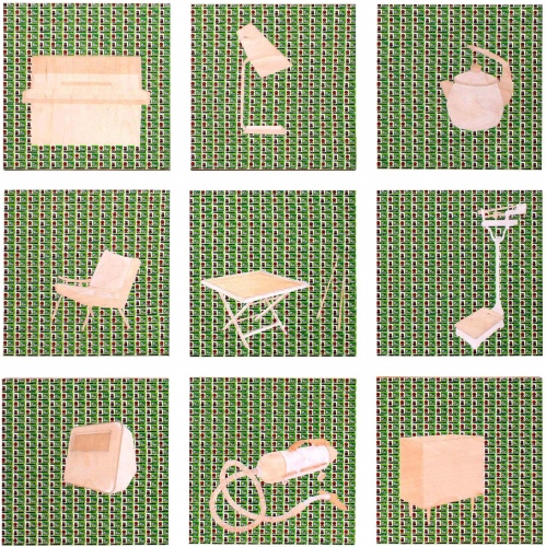 Household, 2015 - 2017, prize stickers, acrylic, varnish on plywood, 9 pieces, each 25 x 25 cm.